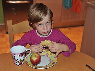 »Kruh z maslom in medom, skodelica mleka in jabolko«